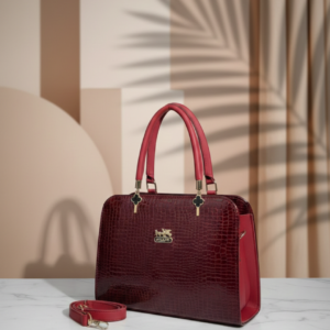 Home grand luxe deep maroon croc embossed structured handbag